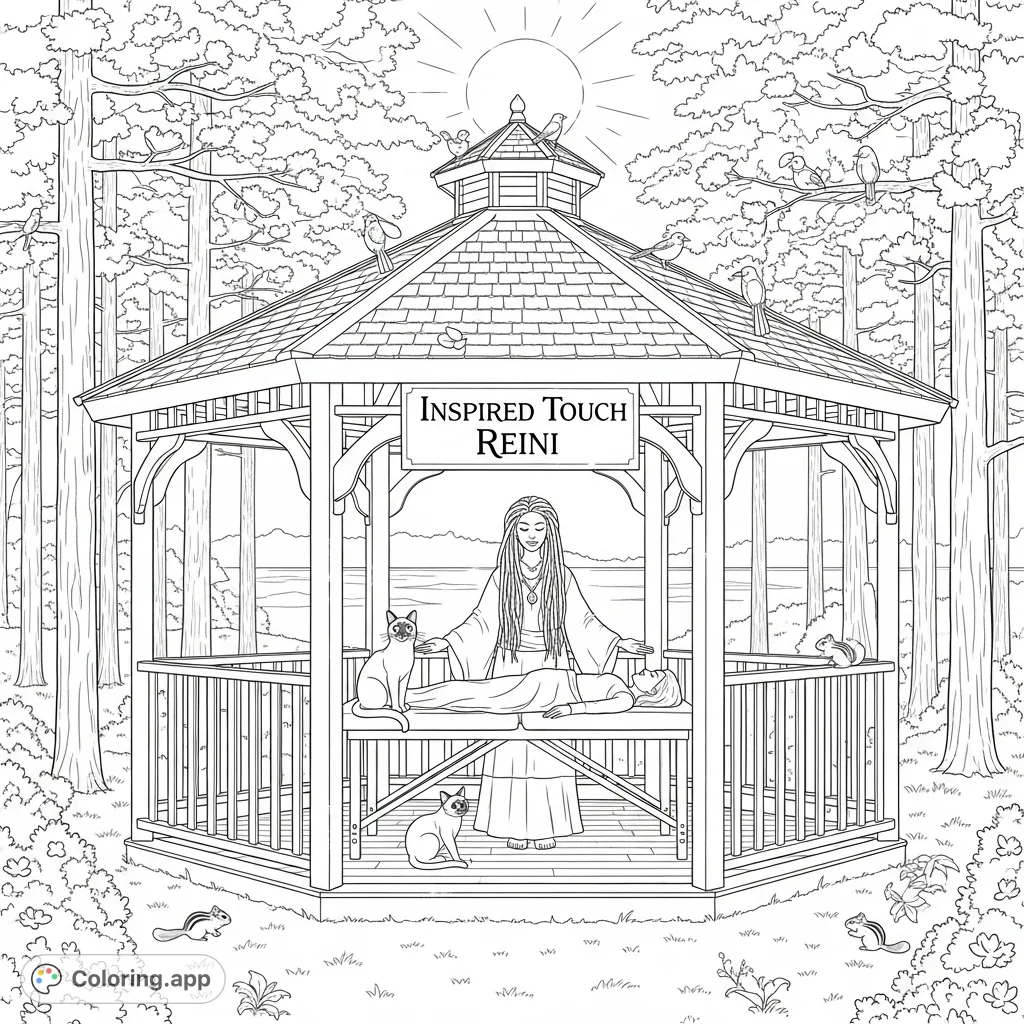 Discover tranquility with this detailed coloring page featuring a cedar gazebo, a reiki session, two Siamese cats, and a peaceful pine forest by a lake.