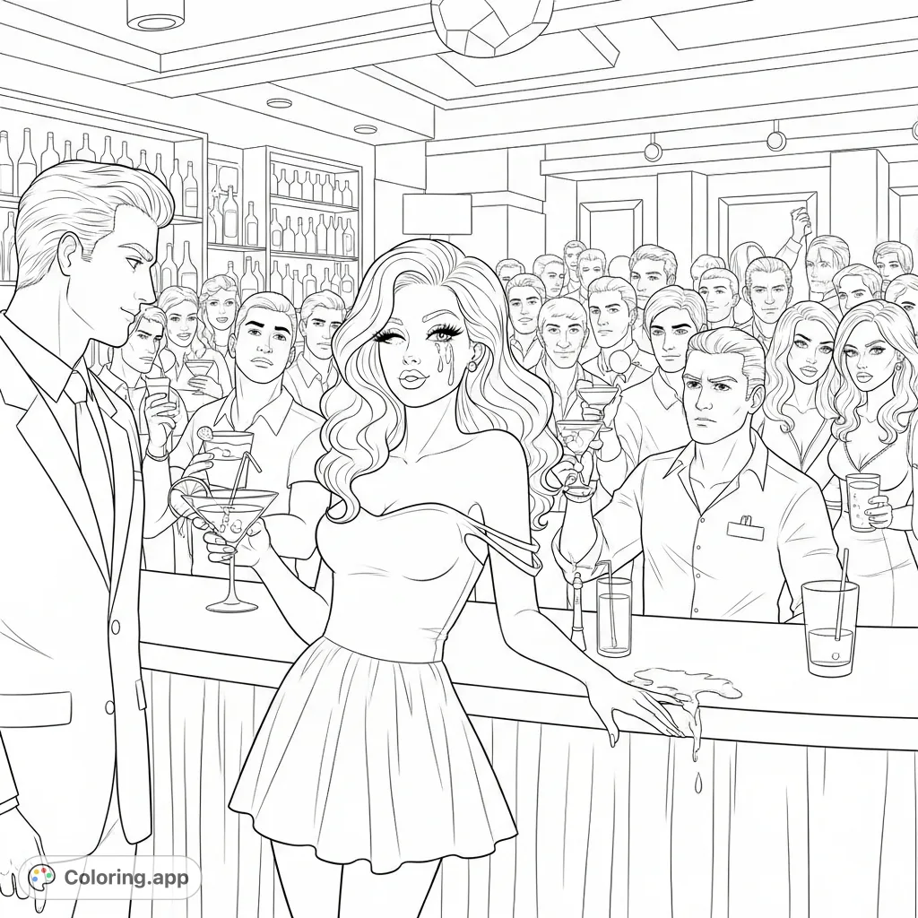 A vibrant Toronto dance club scene featuring a curvy woman with a spilling drink, surrounded by admirers, ignoring judging eyes. A dramatic club night coloring page.