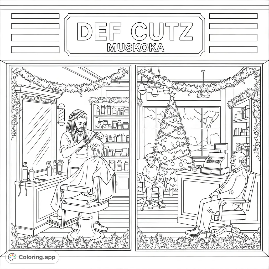 Step into a charming, old-fashioned barber shop in Huntsville ONTARIO, bustling with festive cheer and unique characters. A delightful Christmas scene for all ages.