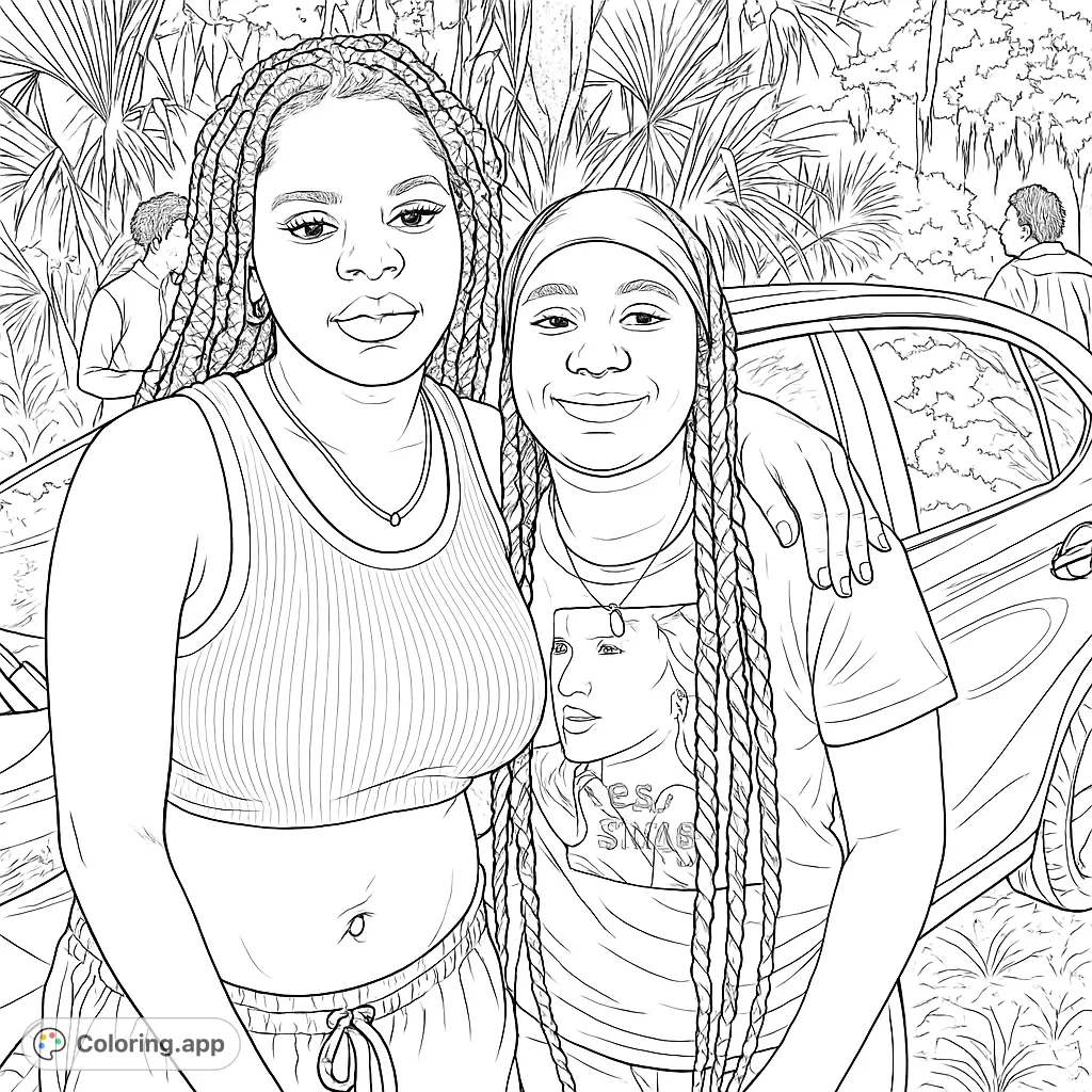 A heartwarming scene featuring two young women, friends, standing together with a car and lush foliage in the background. Perfect for personal expression.