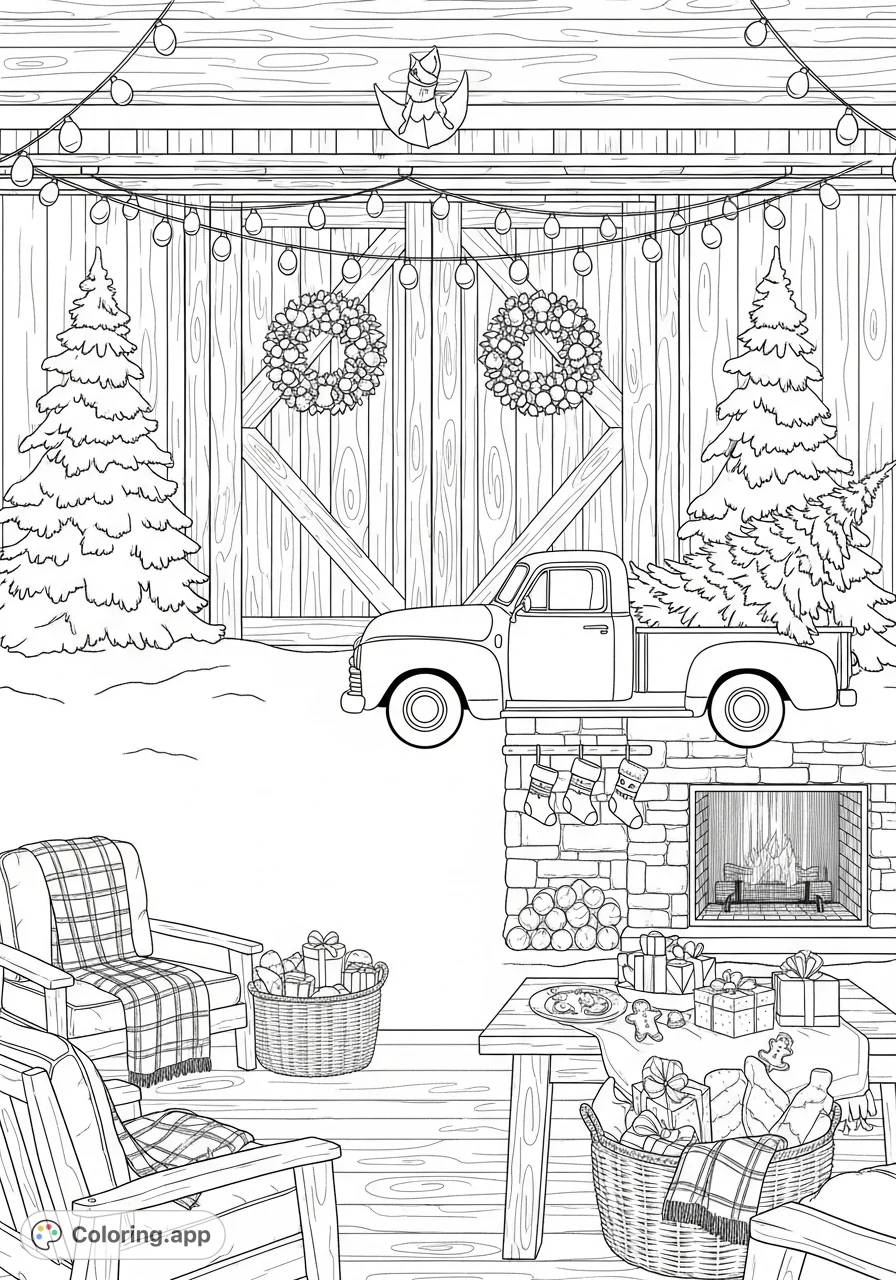 A detailed Christmas farmhouse scene featuring a vintage truck with a tree, wreaths, stockings, and gifts, perfect for a cozy holiday coloring experience.
