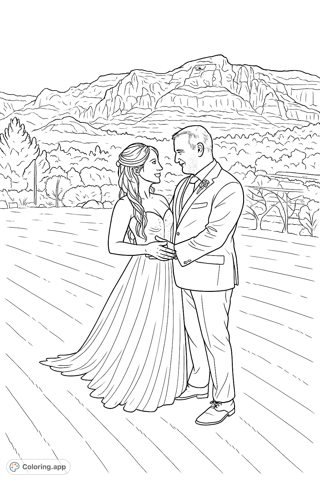 Capture a beautiful wedding moment with a couple embracing against a stunning mountain backdrop. A romantic scene perfect for celebrating love and special memories.