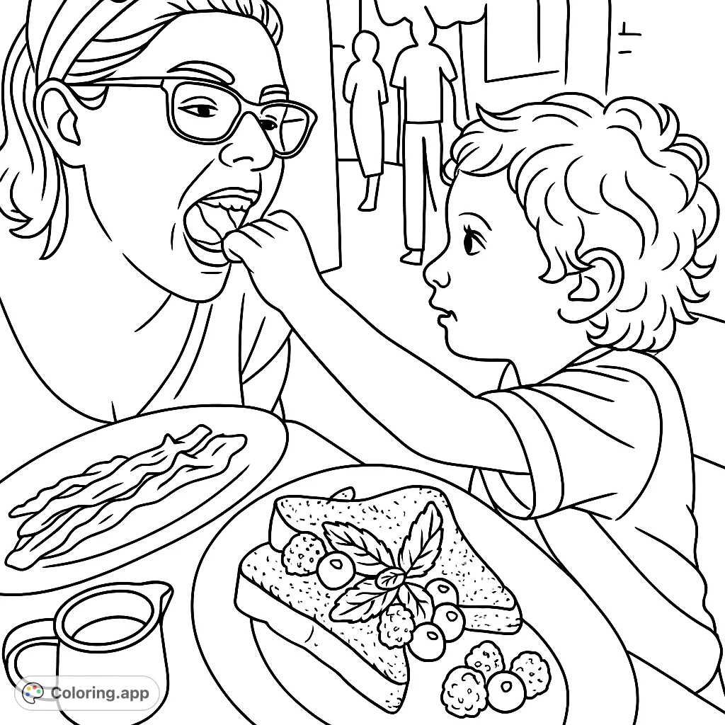 Capture a heartwarming breakfast scene with a woman and child sharing a meal. Features French toast, berries, and bacon for a delightful coloring experience.