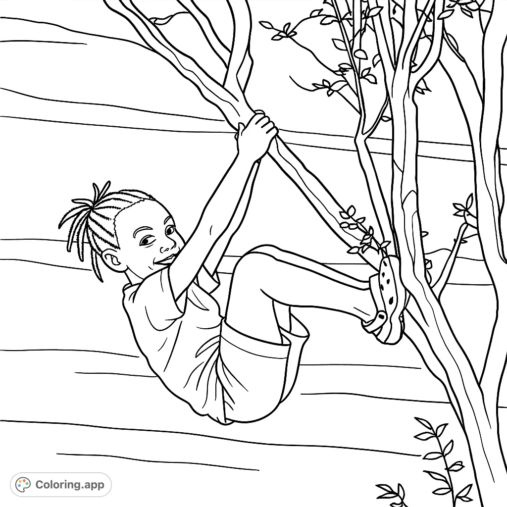 Capture the joy of childhood with this playful coloring page featuring a child swinging from a tree. Perfect for imaginative fun and relaxation.