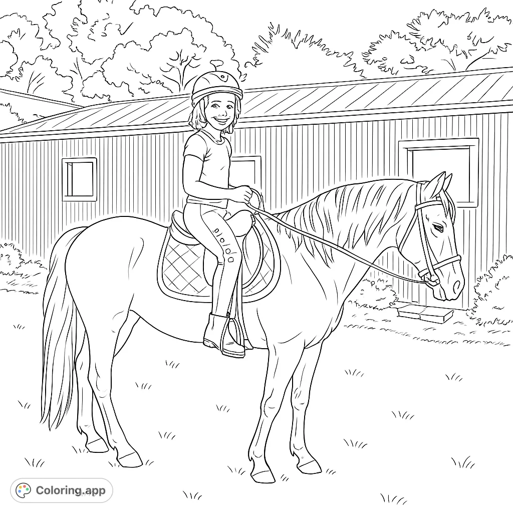 A joyful young rider sits atop a majestic horse, ready for an equestrian adventure. A barn and trees form the backdrop for this delightful scene.