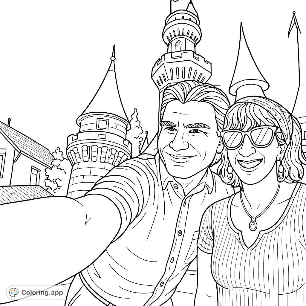 Capture a joyful moment with a couple posing in front of a magnificent castle. This fun coloring page features detailed architecture and happy expressions.