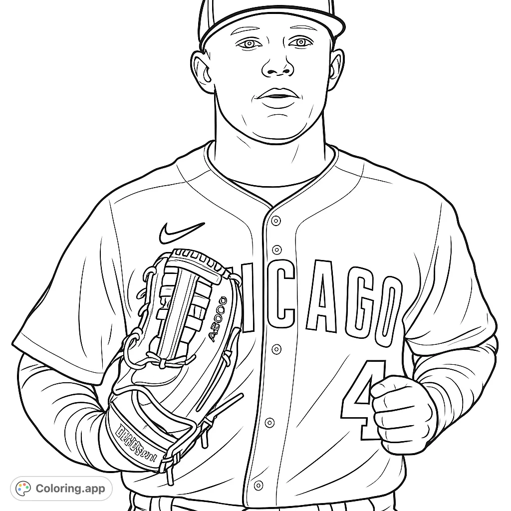 A detailed baseball player coloring page, featuring a player in uniform holding a glove, perfect for sports fans to personalize with team spirit.