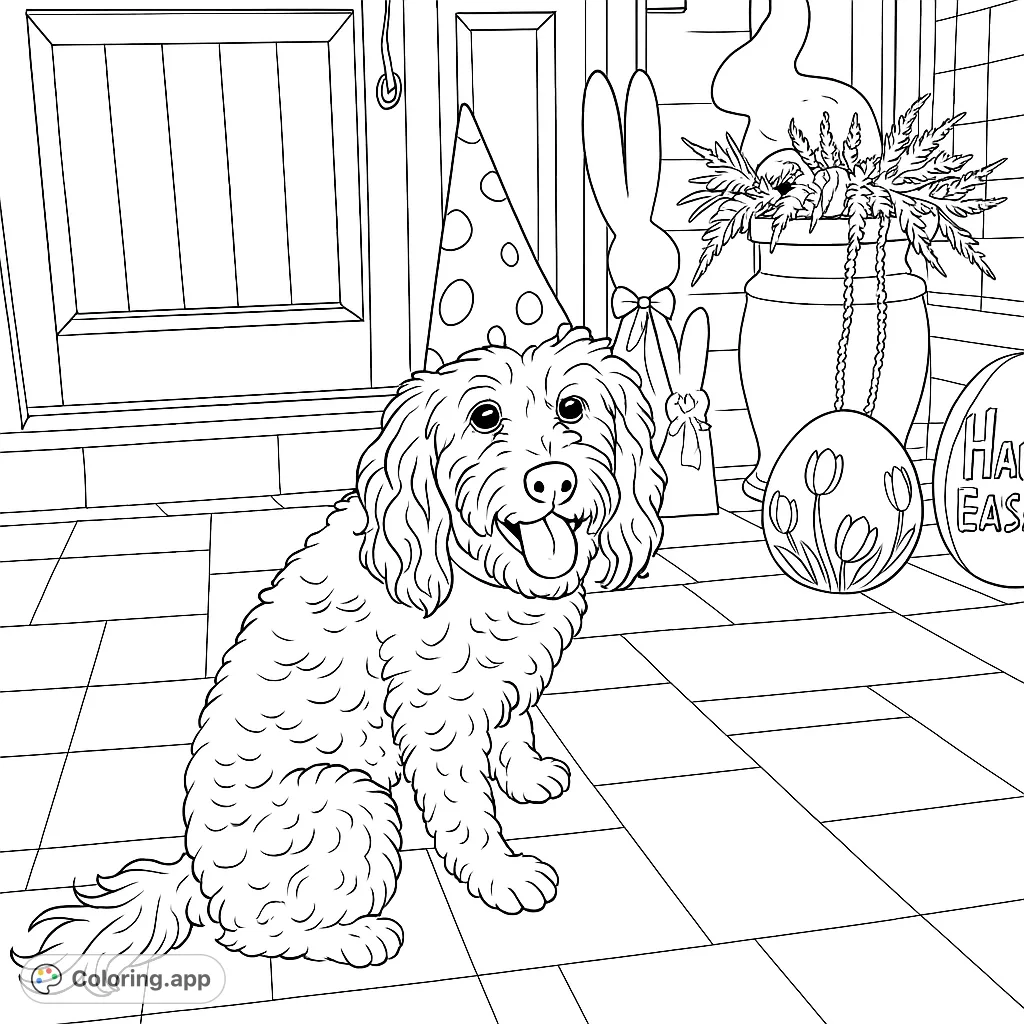 A cheerful, fluffy dog in a party hat sits among festive bunny decorations and patterned eggs, ready for a celebration. A delightful scene for all ages.
