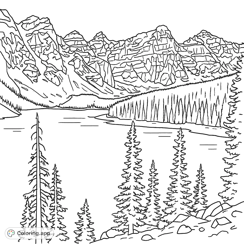 Immerse yourself in a breathtaking mountain lake scene, featuring towering peaks, a serene body of water, and dense forests. A challenging nature coloring page.
