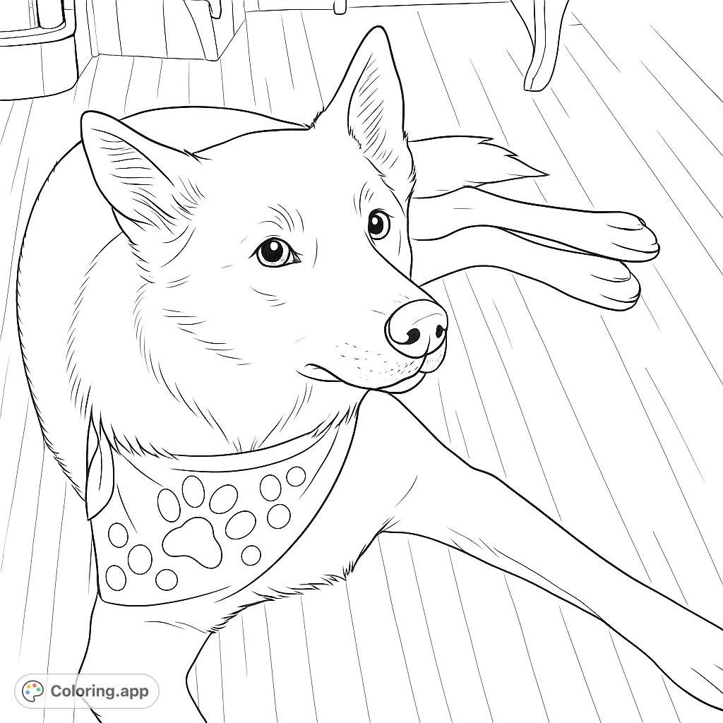A charming coloring page featuring a loyal canine companion wearing a patterned bandana, perfect for dog lovers of all ages.
