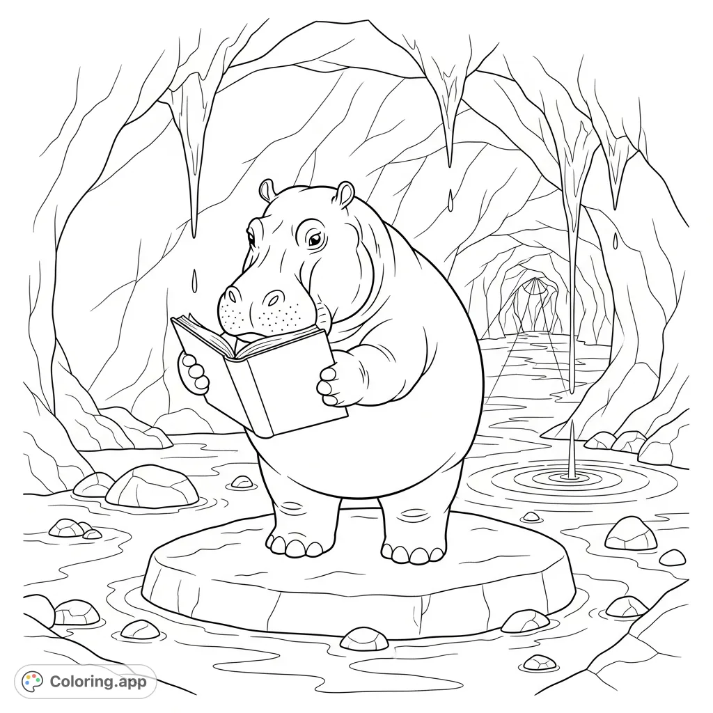 Discover a curious hippo engrossed in a book within a mysterious cave, illuminated by a sliver of daylight. A whimsical scene for all ages.