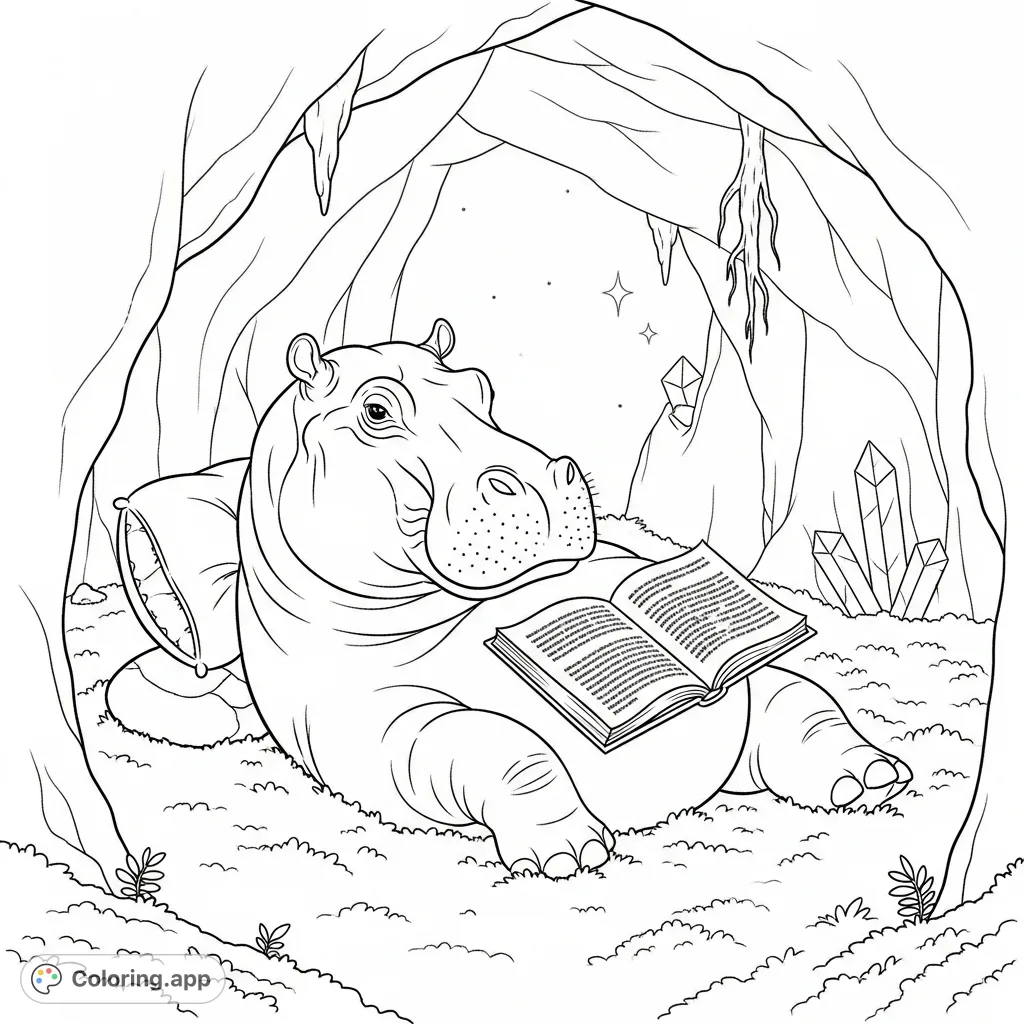Discover a gentle hippo engrossed in a book, nestled on soft moss within a crystal-adorned cave. A peaceful scene for imaginative coloring.
