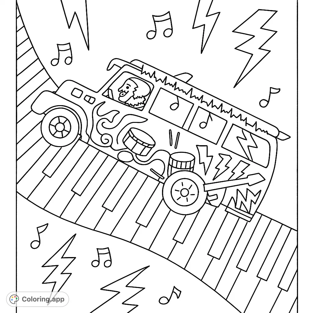 A vibrant bus adorned with musical instruments drives on a piano key road, surrounded by notes and lightning bolts. A fun, energetic music-themed coloring page.