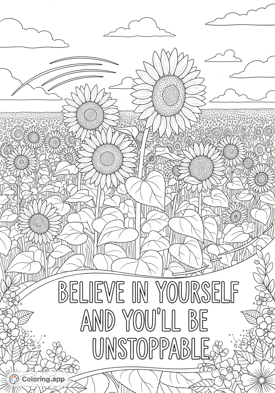 An empowering sunflower field coloring page featuring the quote 'Believe in Yourself and You'll Be Unstoppable' amidst a vibrant floral landscape.