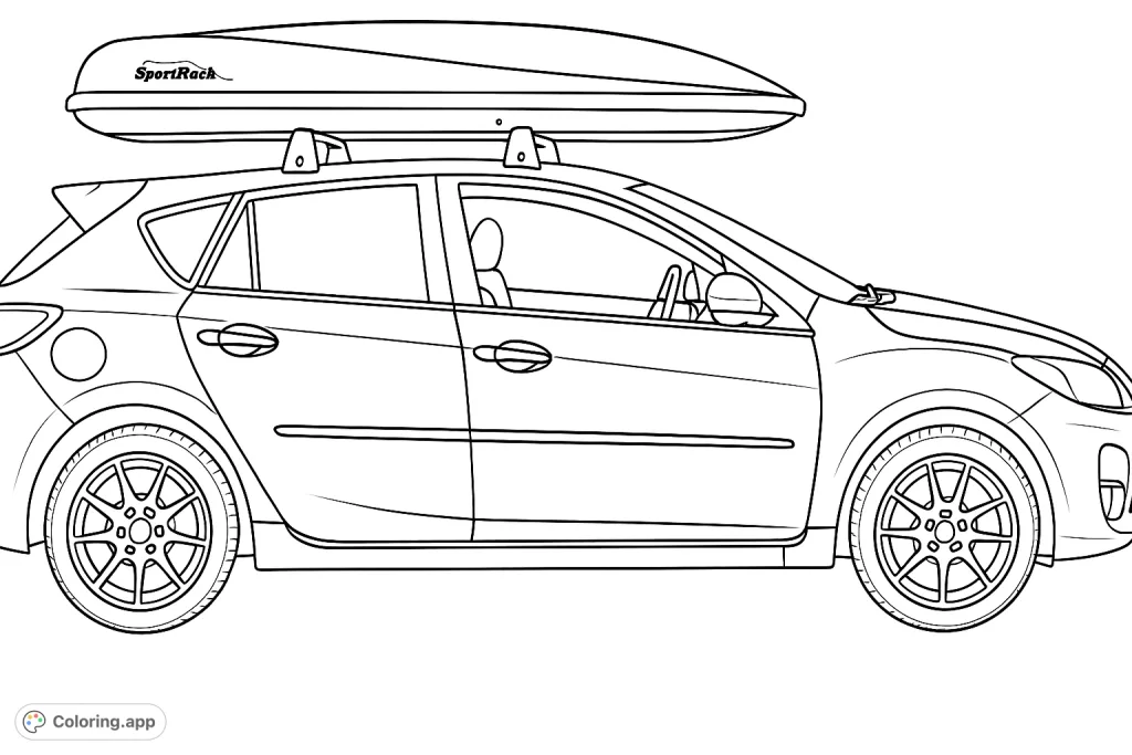 Color a detailed hatchback with a roof cargo box and bicycle, parked in a lot. Perfect for vehicle enthusiasts and travel dreamers.