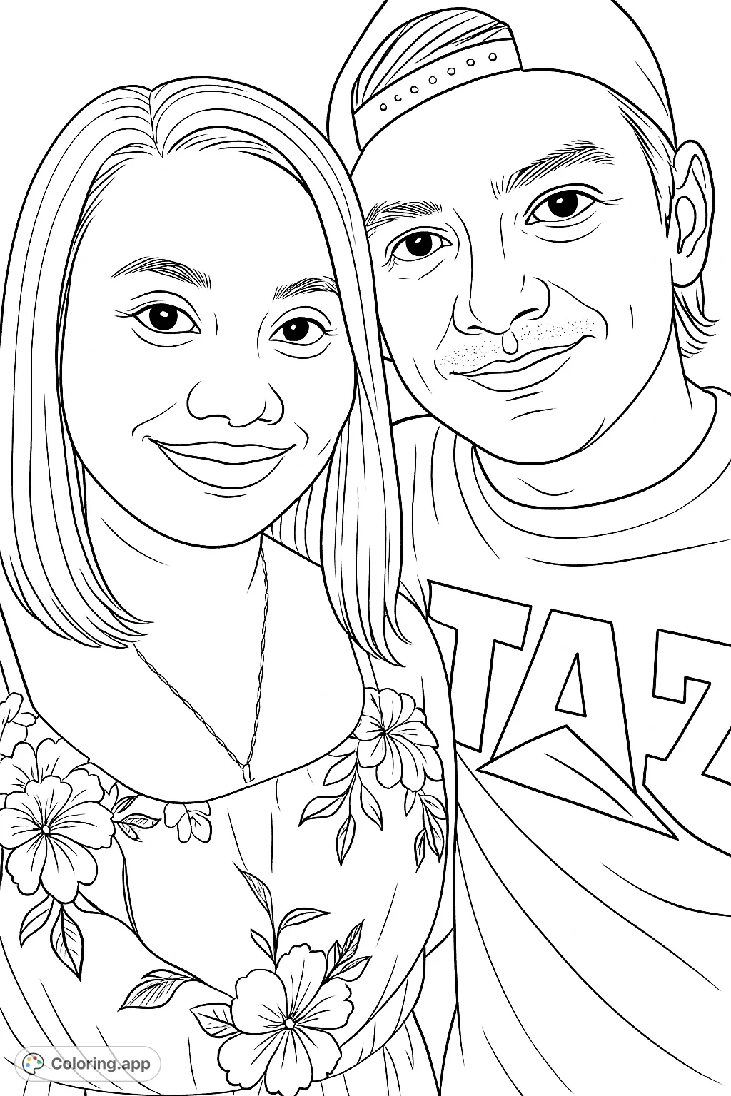 Capture a heartwarming moment with this couple's portrait coloring page. Features a smiling woman in a floral top and a man in a cap, perfect for personalizing.