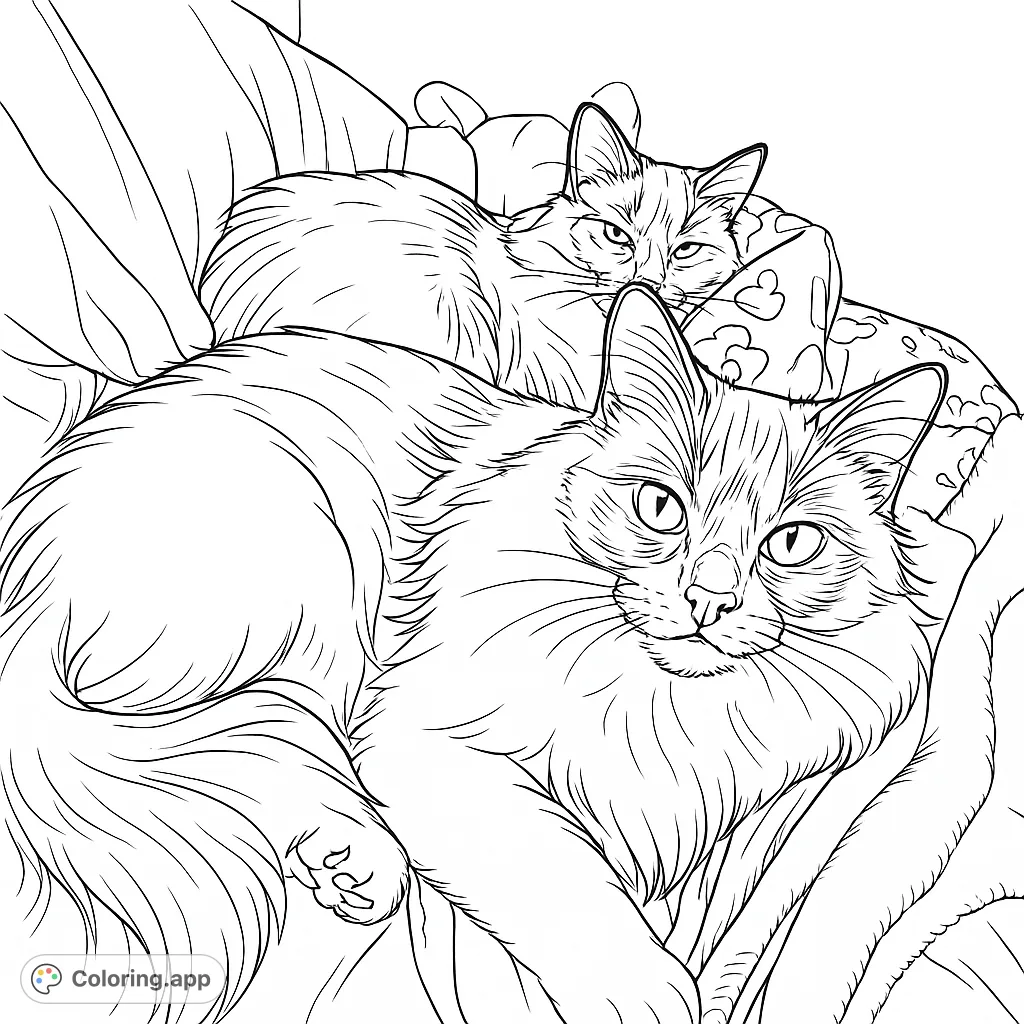 A heartwarming coloring page featuring two fluffy cats resting on soft bedding, perfect for animal lovers to bring to life with their favorite hues.