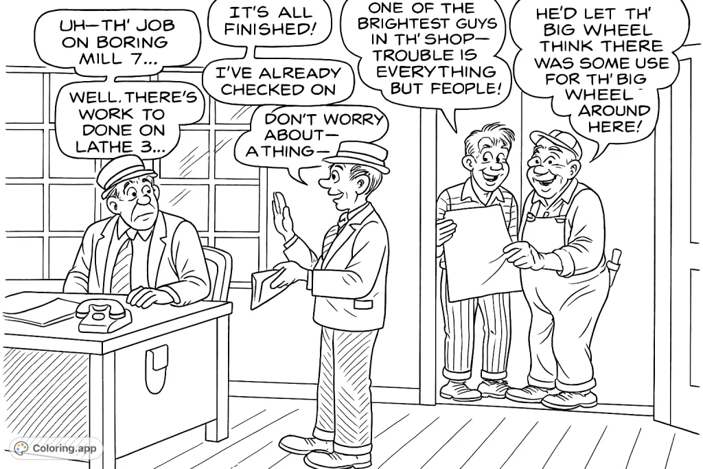 A lively office scene featuring four men, one at a desk, one gesturing, and two observing from a doorway, perfect for a detailed coloring experience.