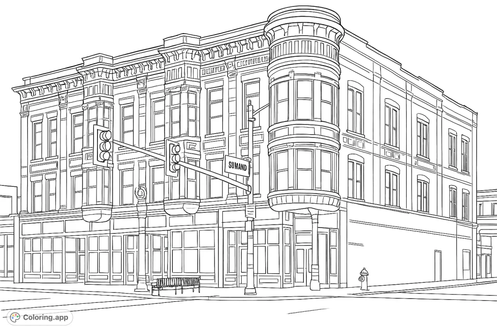 Detailed coloring page of a historic city building with ornate bay windows, intricate brickwork, and street scene elements, perfect for architecture enthusiasts.
