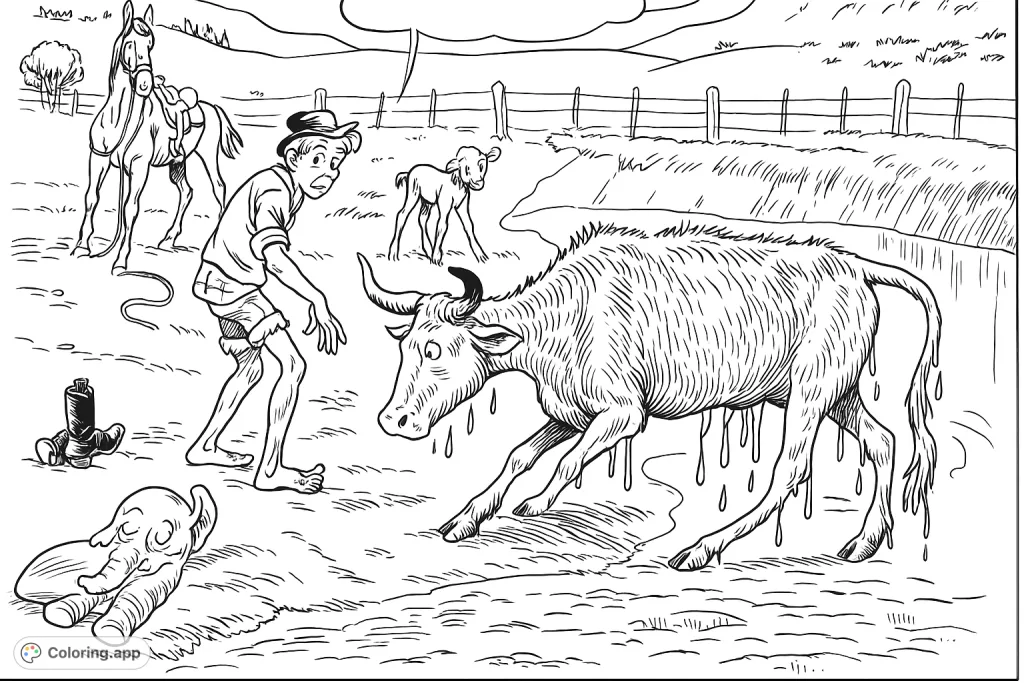 A comical farm scene with a muddy cowboy, a shaggy bovine, and a horse, all caught in a messy predicament. Perfect for a fun coloring adventure!