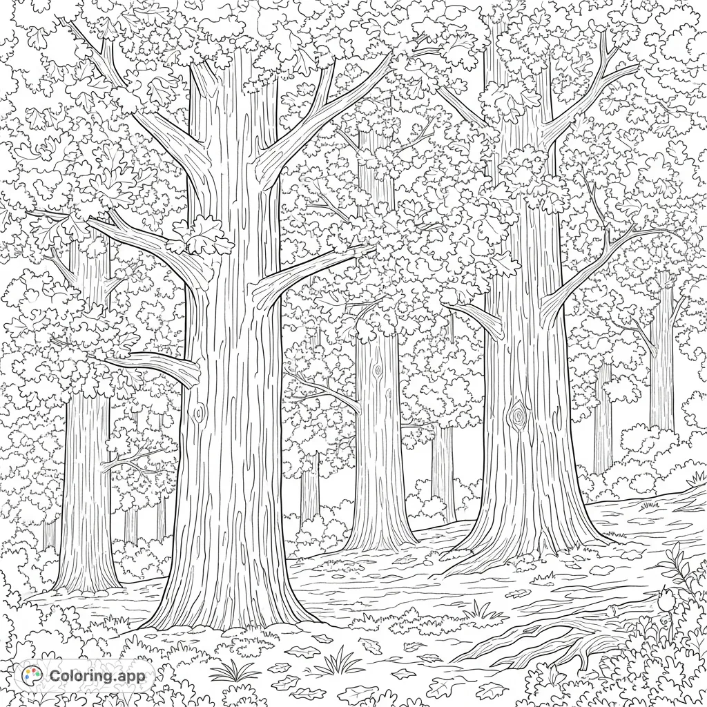 Explore a serene forest of majestic, towering oak trees, featuring rugged bark and dense canopies. A perfect nature-themed coloring page.