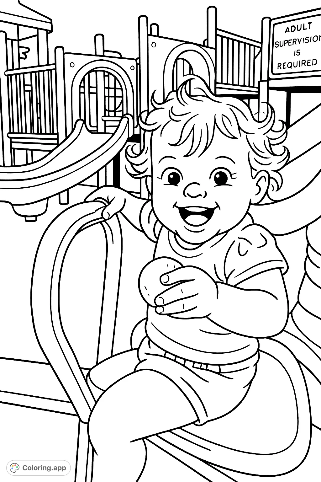 A joyful child on a playground ride, holding a rock and smiling. This simple, cartoony coloring page captures a moment of pure childhood delight.