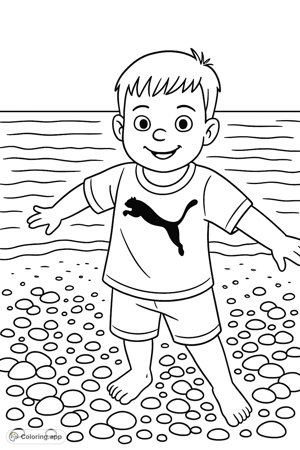A cheerful child enjoys a sunny day on a pebbled beach by the ocean. Perfect for a relaxing coloring session.
