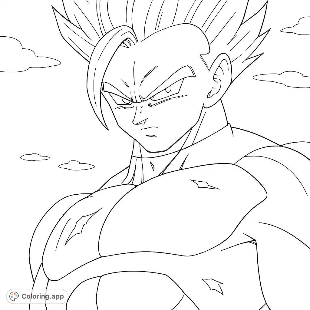 Unleash your creativity with this powerful anime hero coloring page. Featuring a determined warrior with spiky hair and a muscular build against a dynamic sky.