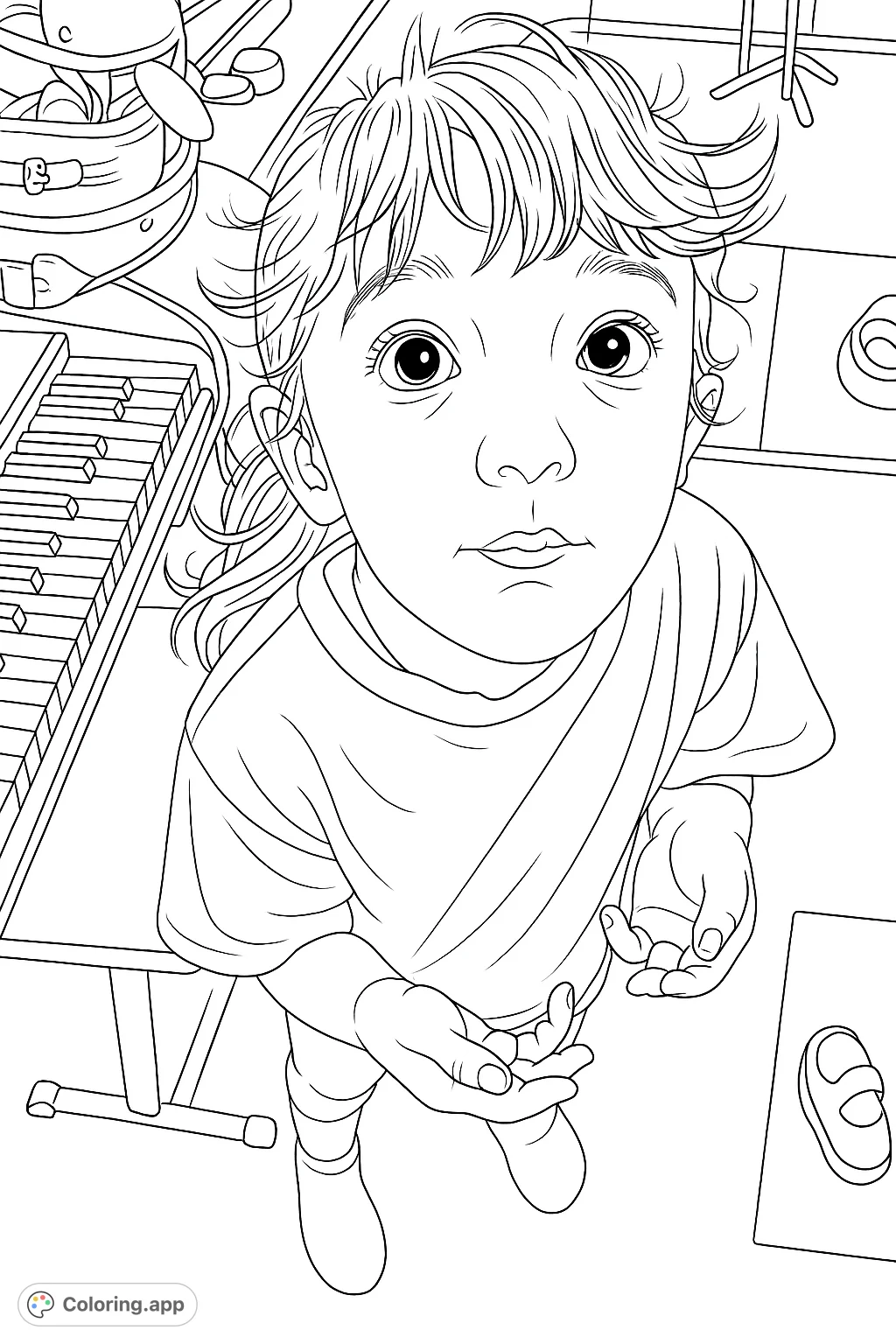 A sweet child with a curious gaze, standing near a keyboard and golf clubs, ready for imaginative play. A delightful scene for young colorists.