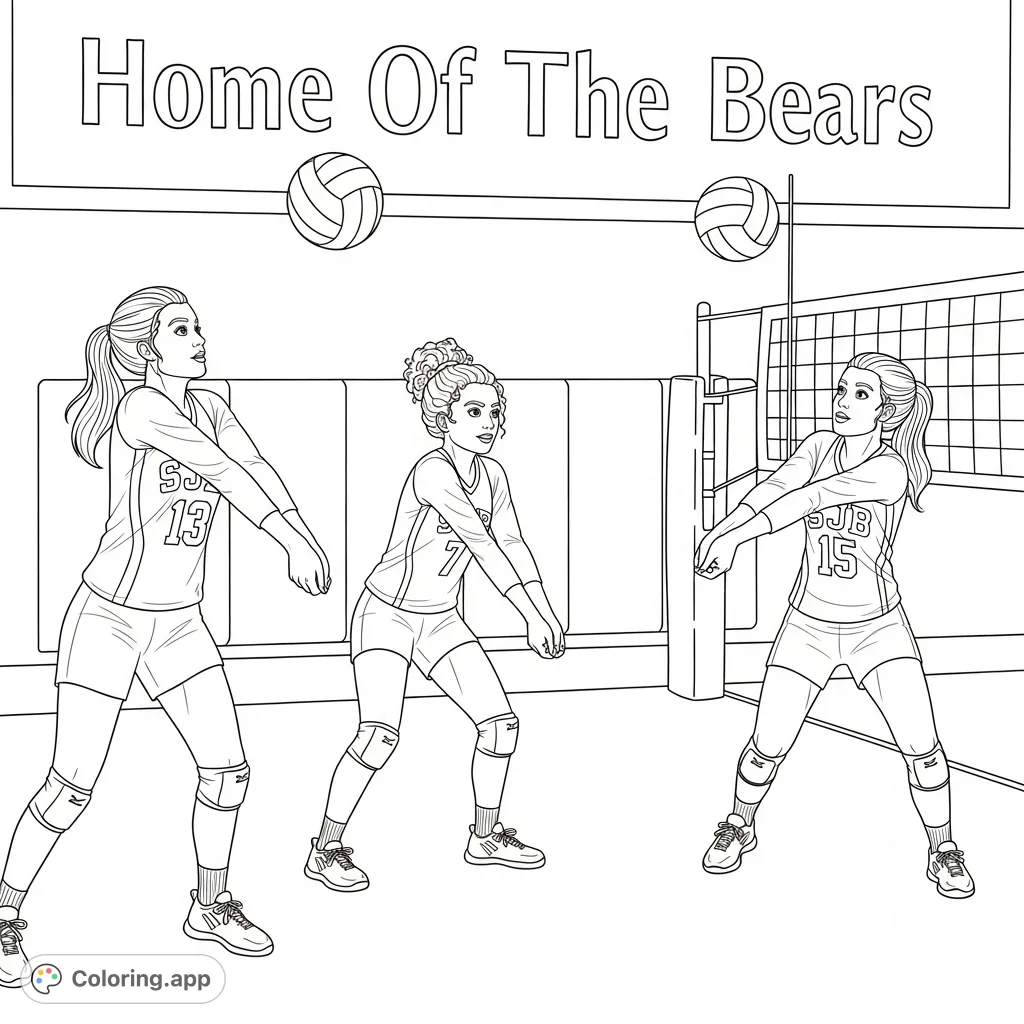 Dynamic volleyball scene featuring three girls from SJB, numbers 13, 7, and 15, in mid-play within their "Home Of The Bears" gymnasium.