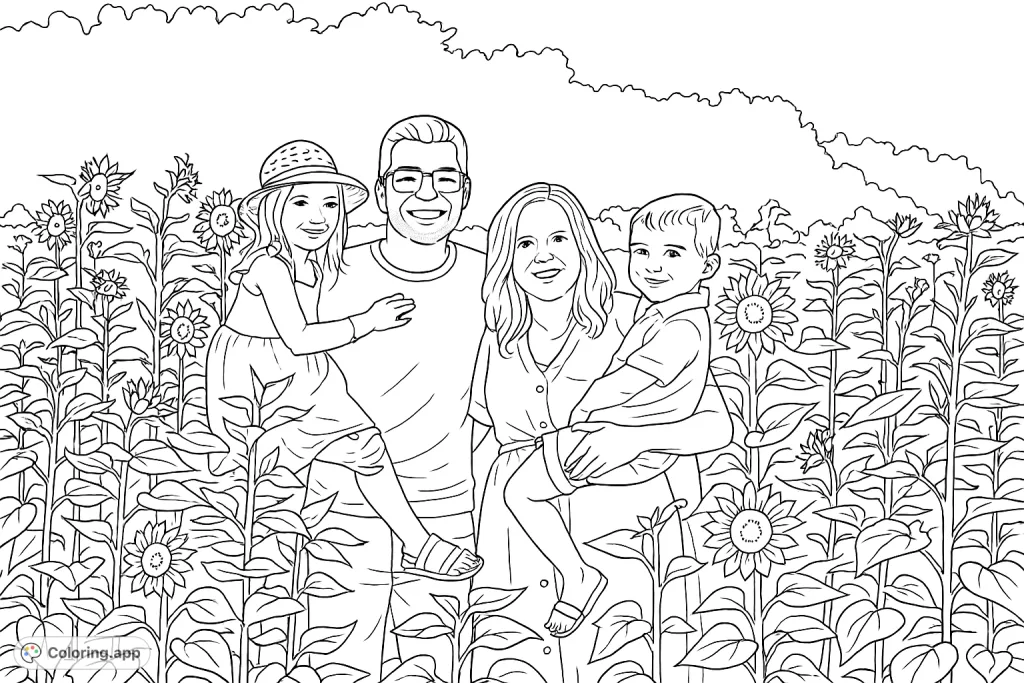 A heartwarming family portrait amidst a vibrant field of blooming flowers, perfect for bringing to life with your favorite colors.