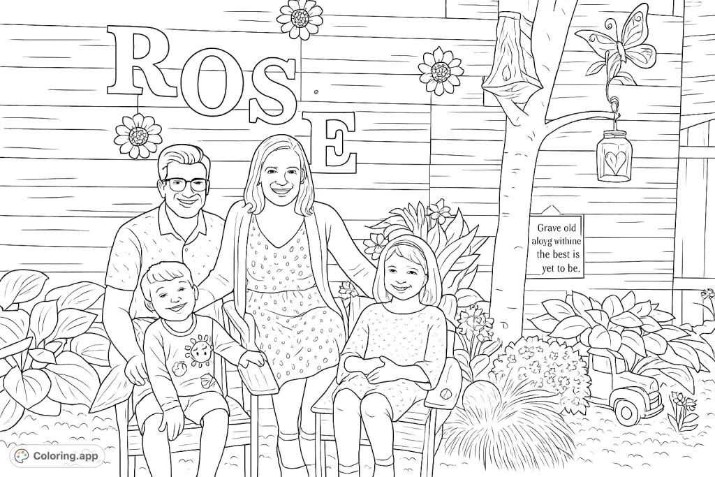 A happy family portrait in a charming garden setting, featuring a wooden wall, decorative elements, and lush plants. Perfect for all ages.