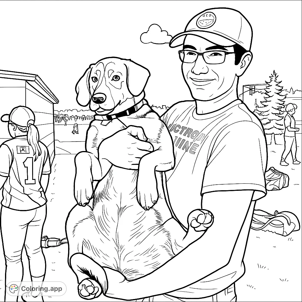A heartwarming scene of a man holding his happy dog, set against an outdoor backdrop. Perfect for pet lovers and a joyful coloring experience.