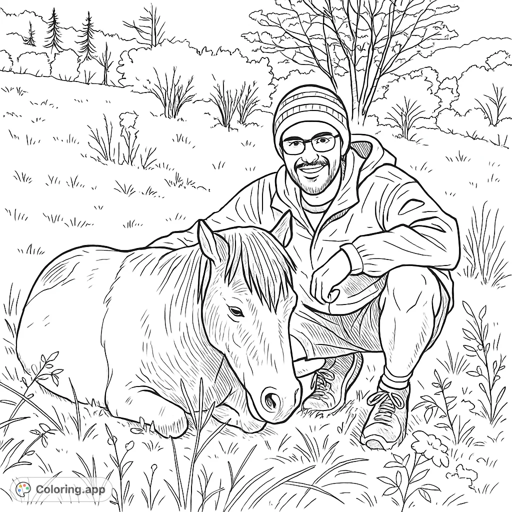 A heartwarming scene of a man and a friendly pony resting in a vast, open field. Perfect for nature and animal lovers, offering a peaceful coloring experience.