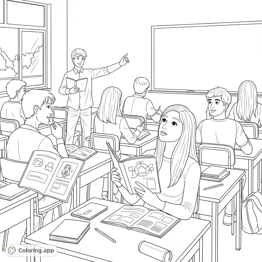 Engage in a vibrant classroom scene featuring students focused on learning with study guides. A perfect free printable coloring page for school-themed fun.