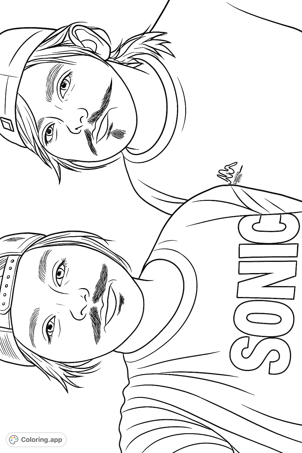 A fun coloring page featuring two playful individuals with drawn-on mustaches and caps, ready for creative expression and imaginative coloring.