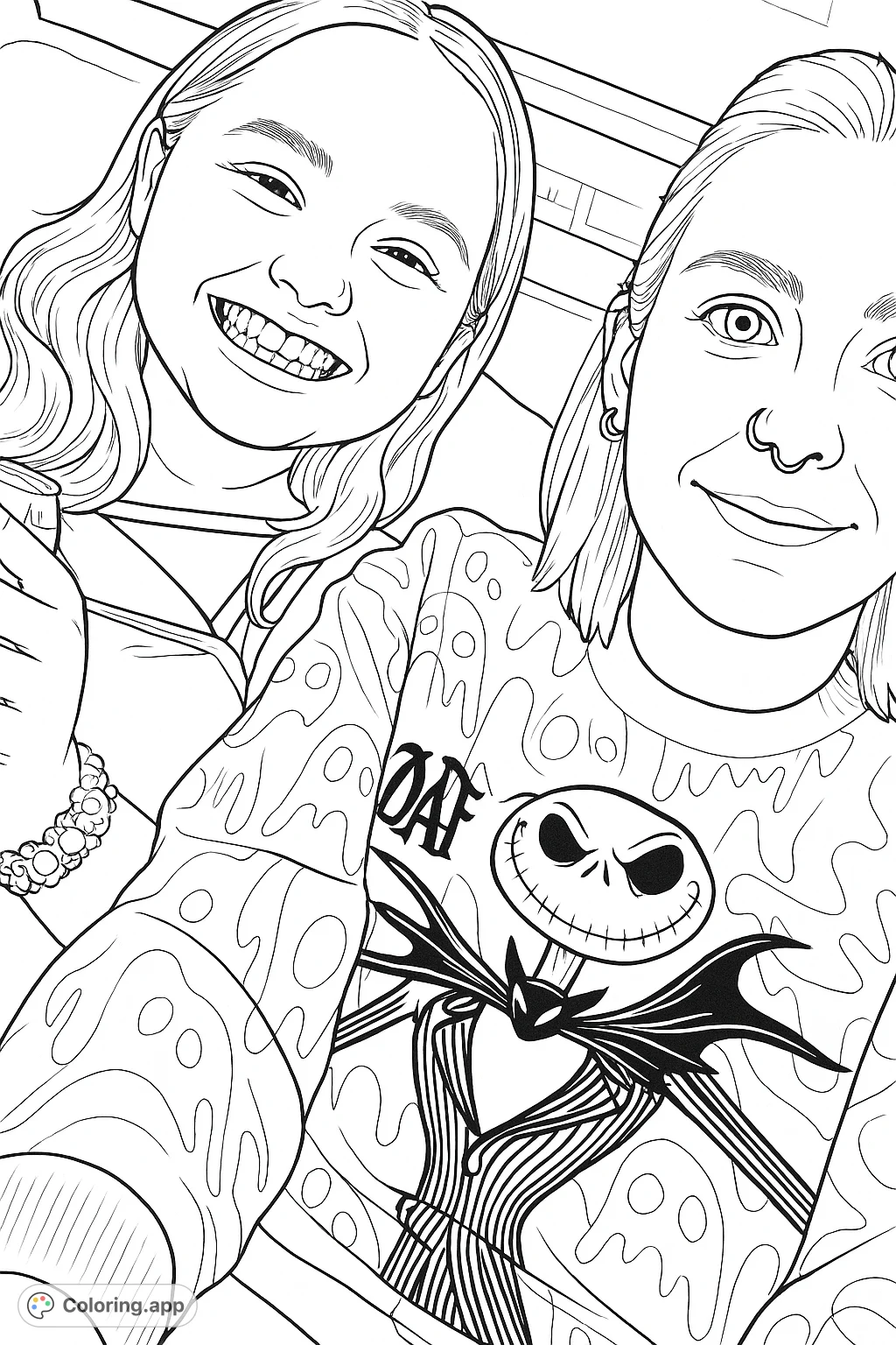 A heartwarming coloring page featuring two smiling individuals, one wearing a fun, ghost-patterned sweater with a skeletal character. Perfect for all ages!