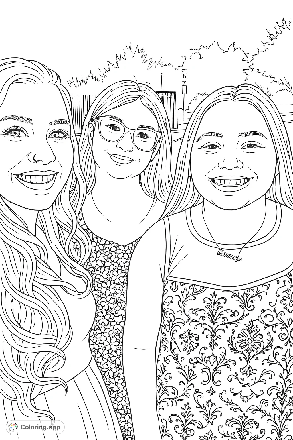 Capture the joy of friendship with this free printable coloring page featuring three smiling individuals in an outdoor setting, perfect for all ages.