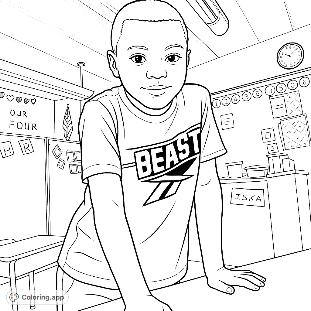 A charming coloring page featuring a young student in a classroom setting, perfect for school-themed activities and creative expression.