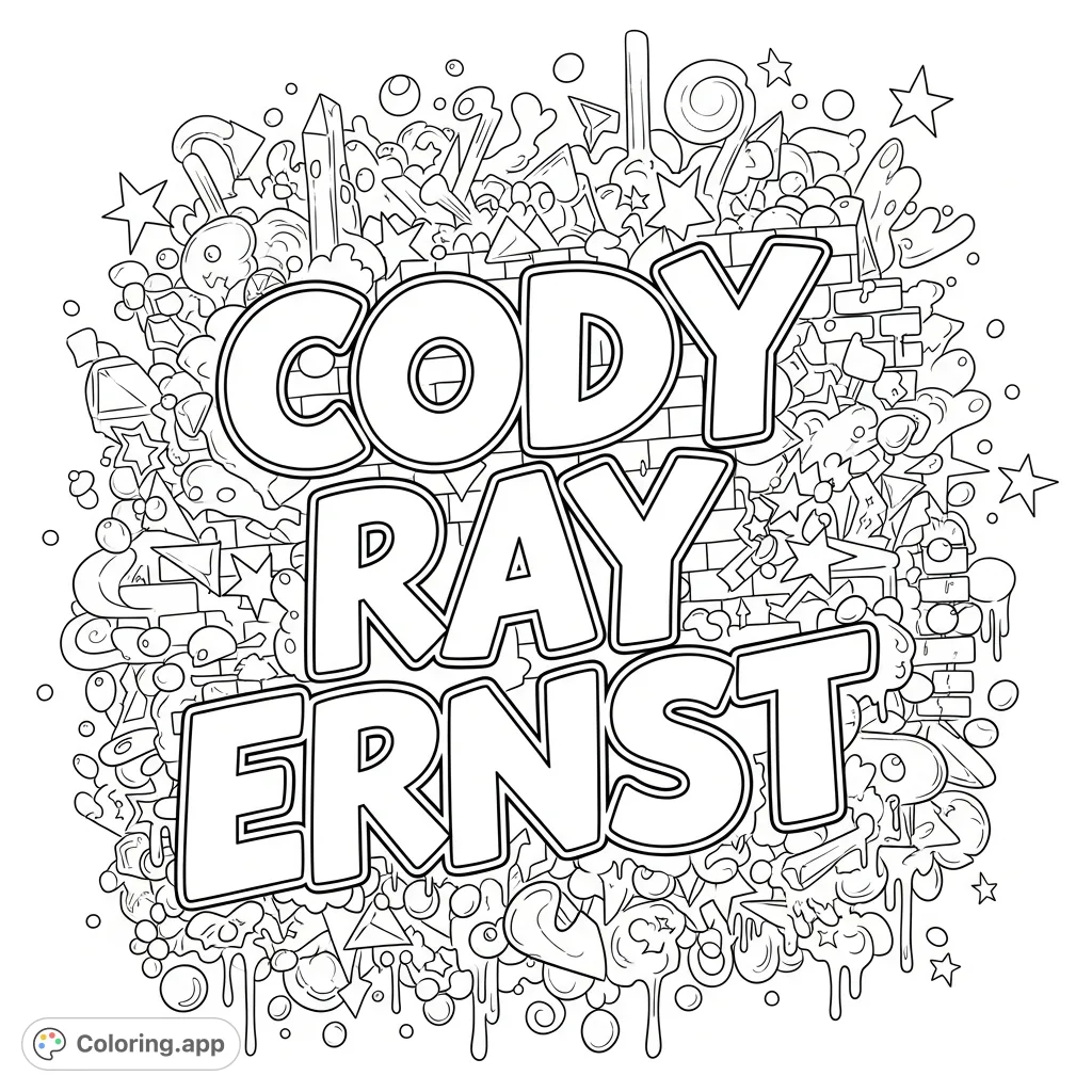 Bold, freestyle "Cody Ray Ernst" letters burst from a dynamic street art background filled with energetic shapes and urban textures. Express yourself!