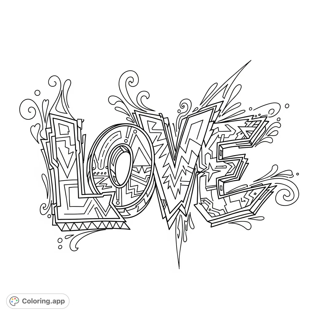 Explore a bold "love" graffiti coloring page featuring dynamic, intricately patterned letters with urban flair. A free printable coloring page for creative expression.