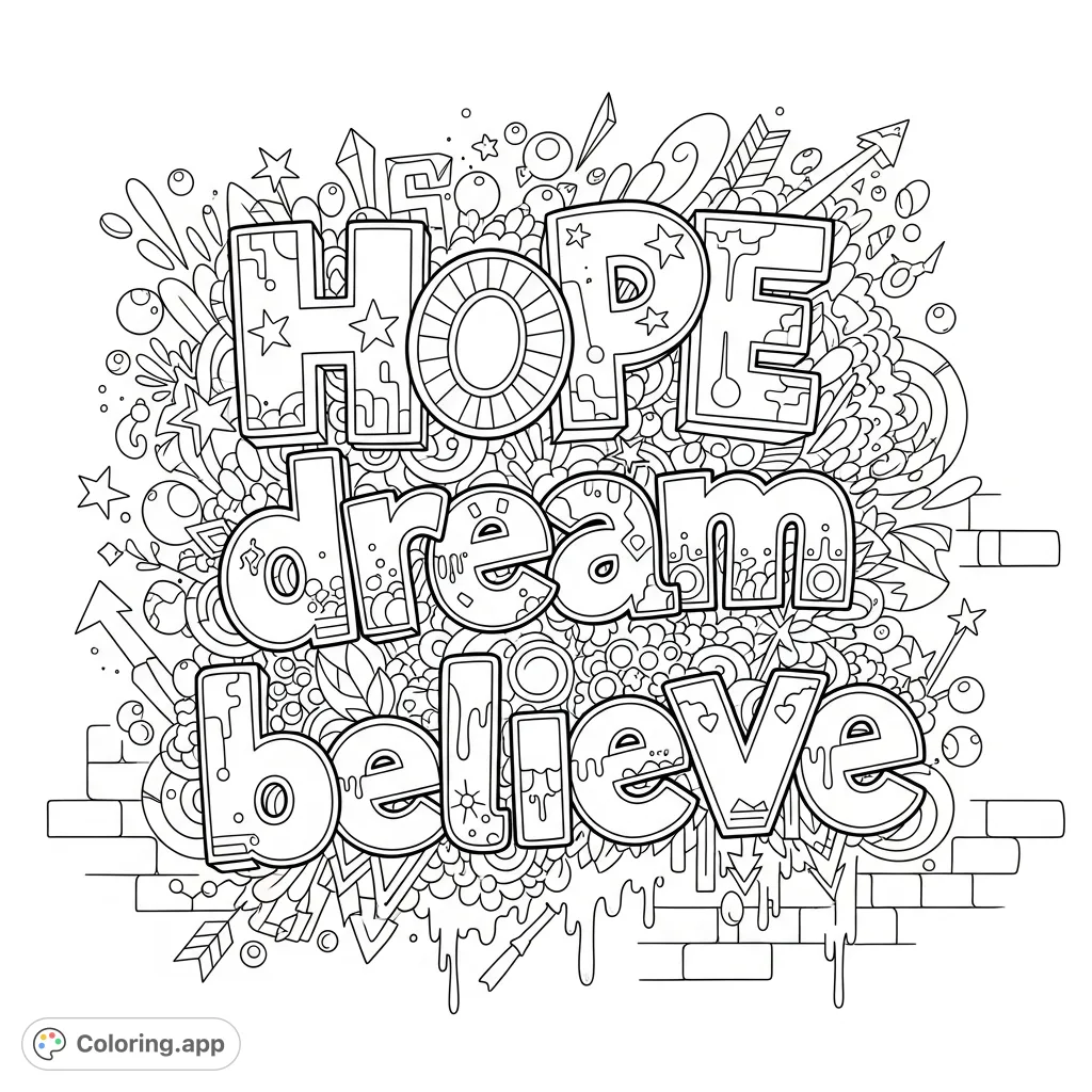 Unleash your creativity with this dynamic graffiti coloring page featuring "Hope dream believe" in bold, intricate lettering against an urban brick wall.