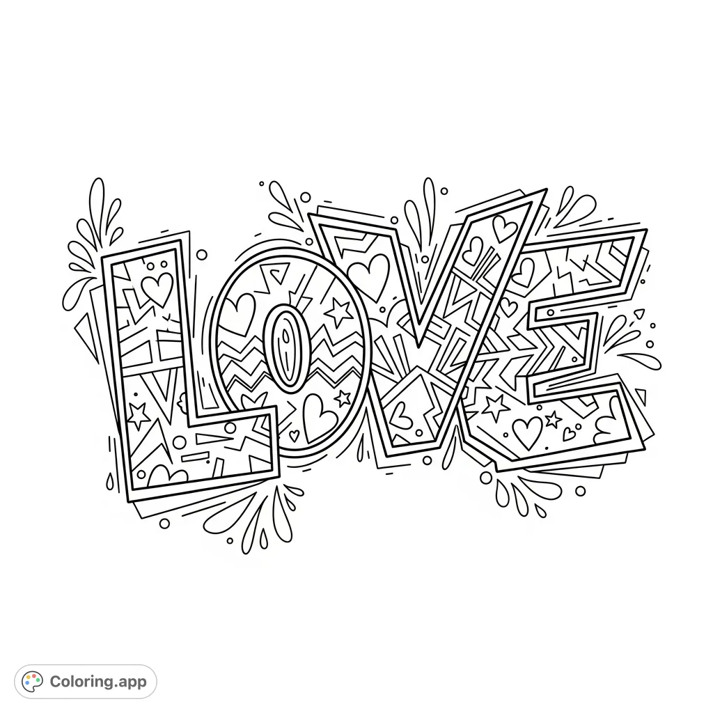 A dynamic graffiti-style 'love' coloring page, featuring bold lettering filled with intricate lines, geometric patterns, hearts, and stars for a true street art vibe.