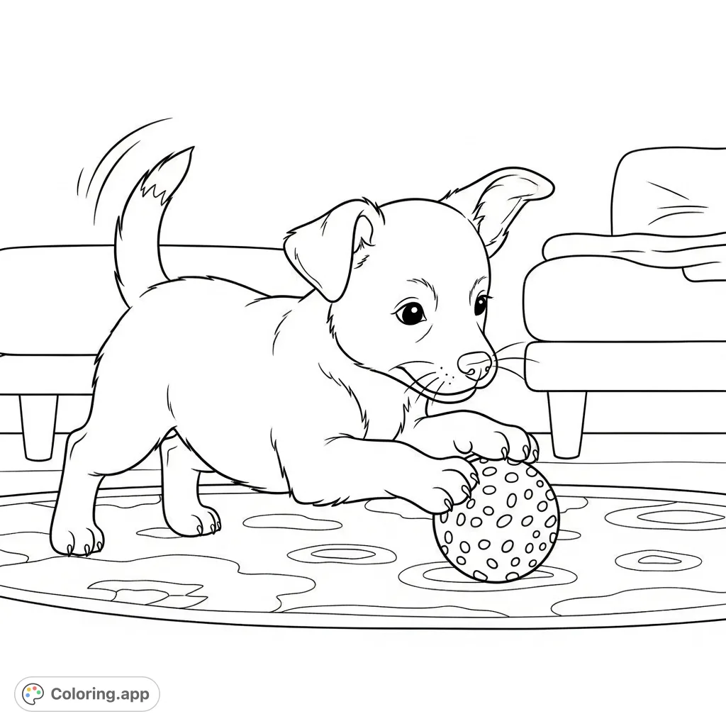 An adorable puppy coloring page featuring a playful pup pouncing on a toy in a cozy living room. Perfect for young animal lovers!