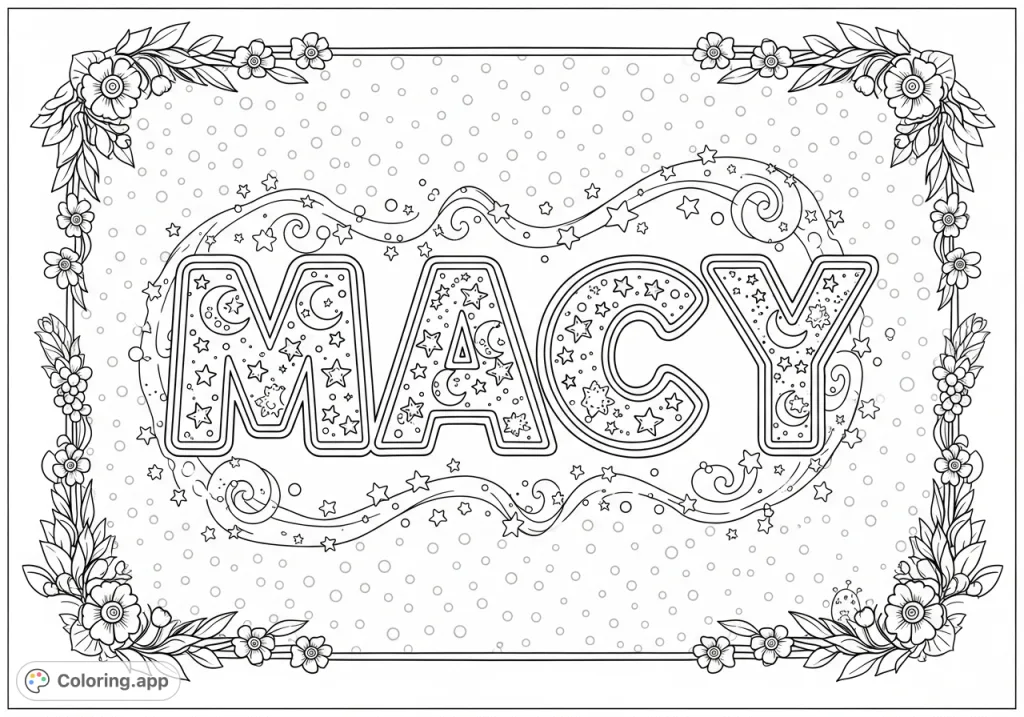 A personalized Macy coloring page featuring the name "MACY" in stylized letters, adorned with stars and moons, perfect for custom creations.