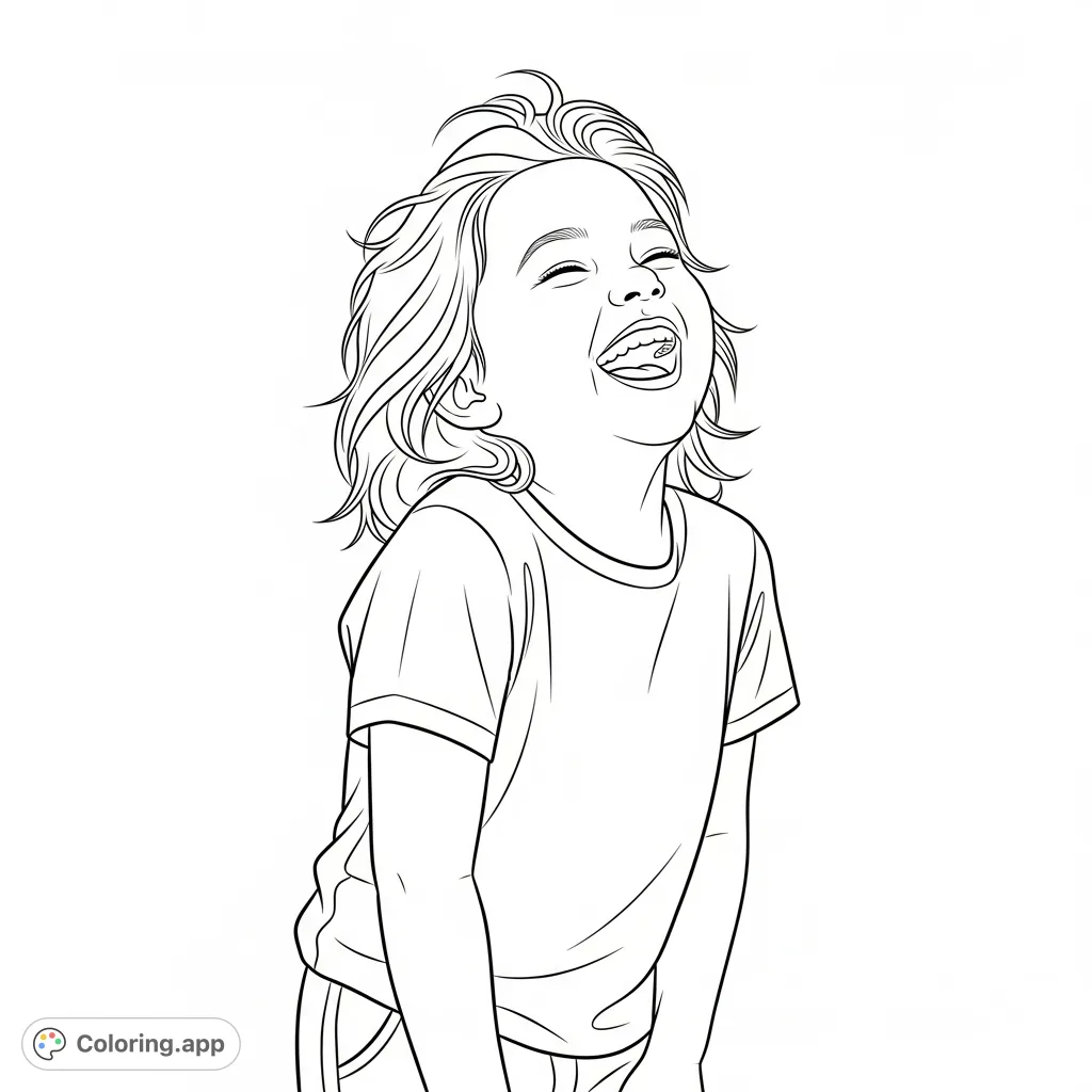 A delightful Macy coloring page featuring a young girl caught in a moment of silly, joyful laughter. Perfect for brightening any day.