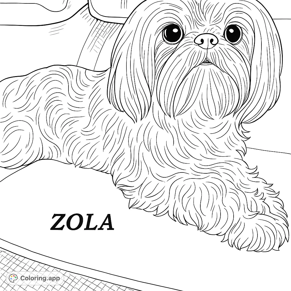 A charming Shih Tzu dog resting peacefully on a textured surface, with its long, fluffy coat and expressive eyes, ready for a creative coloring adventure.