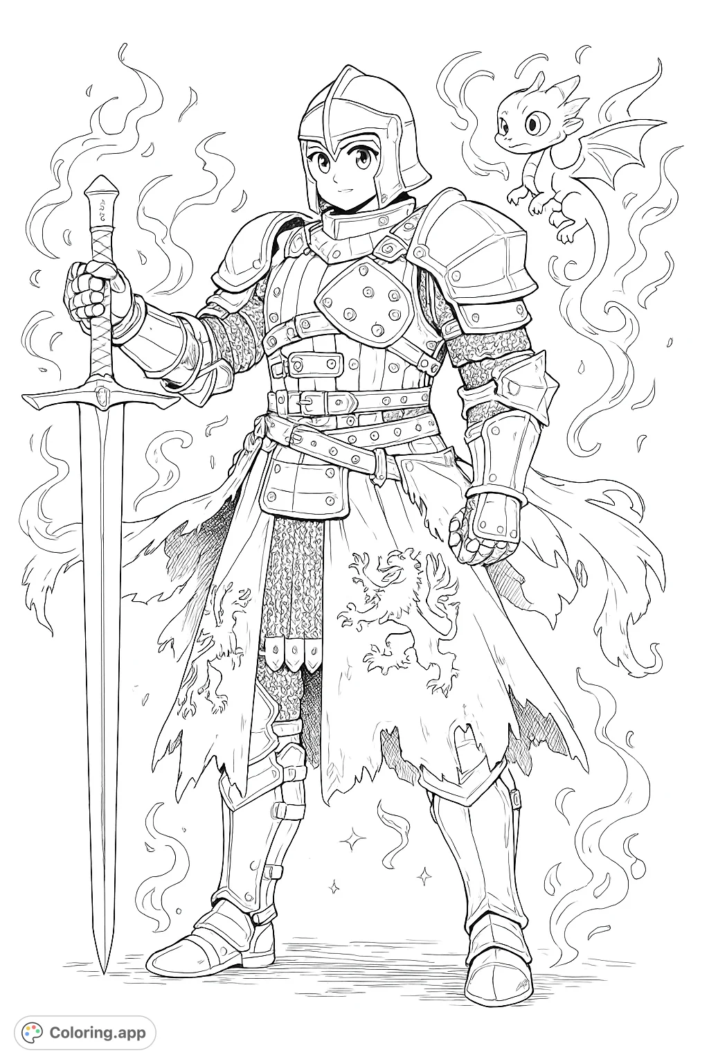 An imposing armored knight stands ready, holding a grand sword. Intricate details on the plate and chainmail armor, with a heraldic emblem on the tabard. A challenging fantasy coloring page.