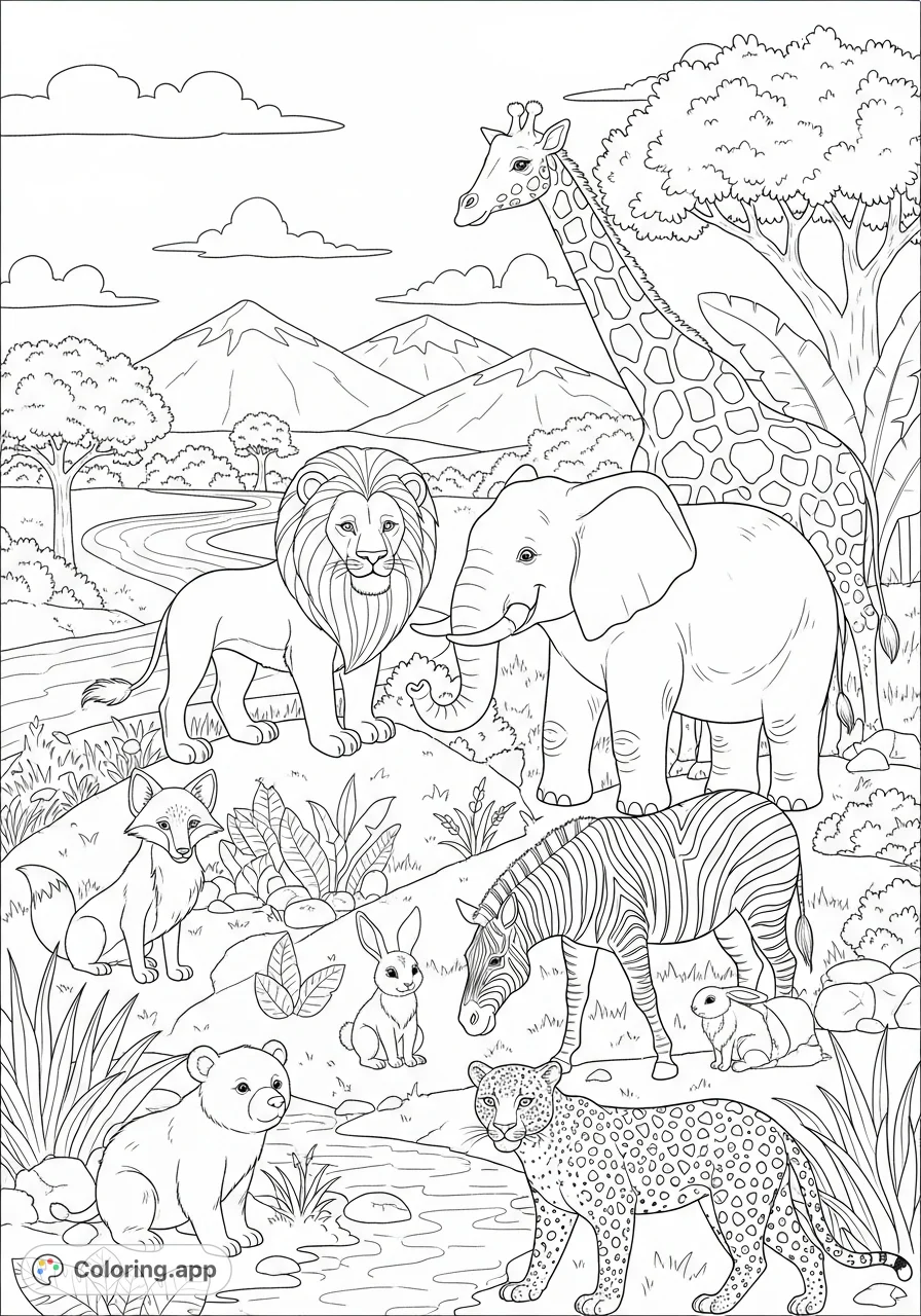 A delightful cartoon scene featuring a variety of land mammals like lions, elephants, giraffes, and zebras in a vibrant landscape. Perfect for kids!