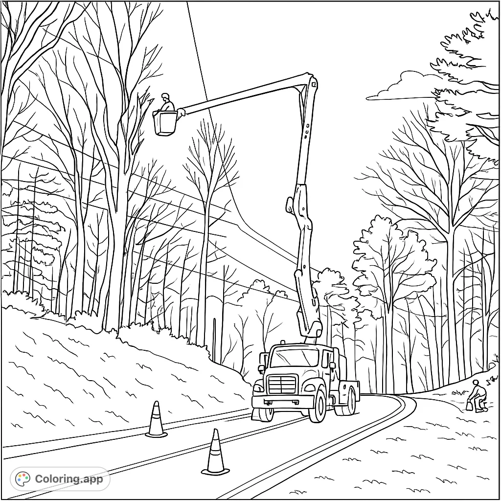 A detailed utility truck with an extended boom lift and workers trimming trees near power lines on a winding road. Perfect for learning about community services.